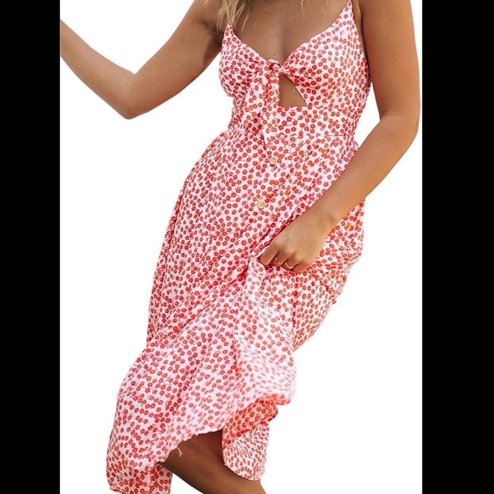 Women’s Pink Floral Tie Front Cut Out Midi Dress